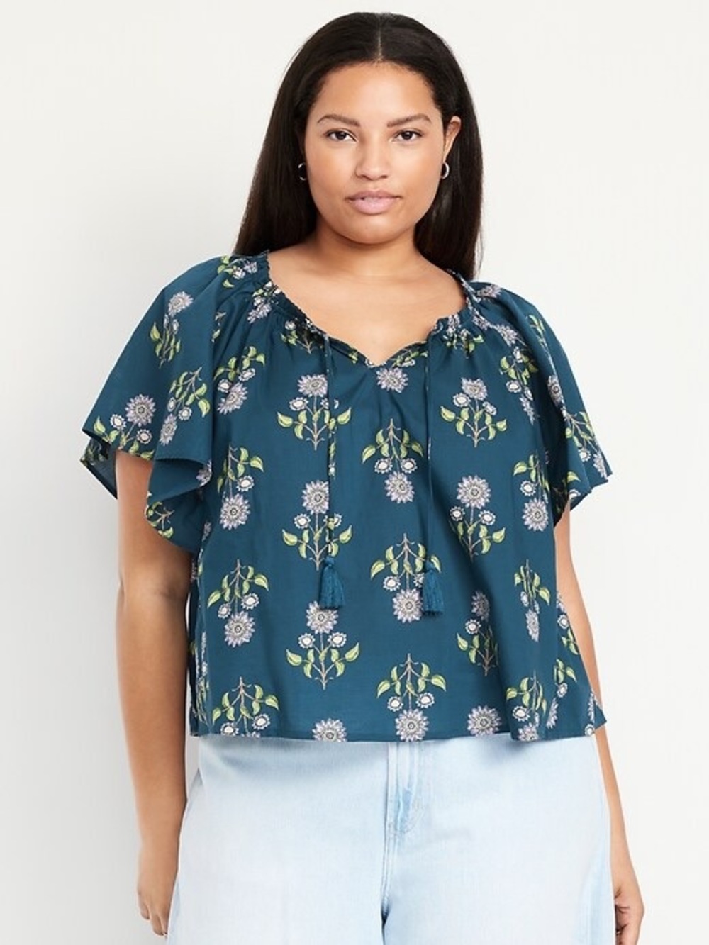 EUC Old Navy Flutter-Sleeve Tassel-Tie Top | Floral Peasant Blouse | Women’s XXL - Picture 14 of 16